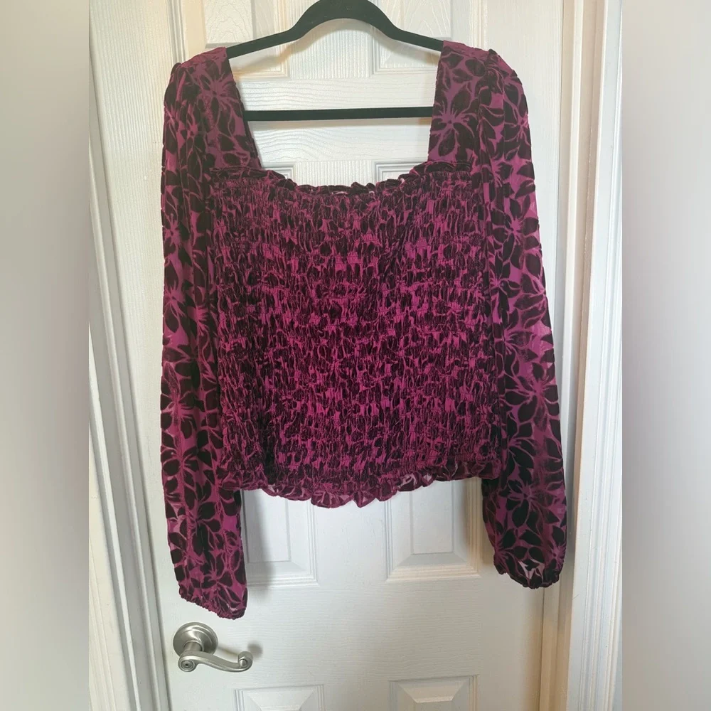 Pink Purple Puff Sleeve Burn Out Velvet Smocked Crop Blouse Bustier Sexy - Picture 2 of 7